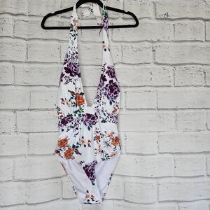 Cupshe Large One Piece Bathing Suit White Floral Halter Top Padded Swimwear